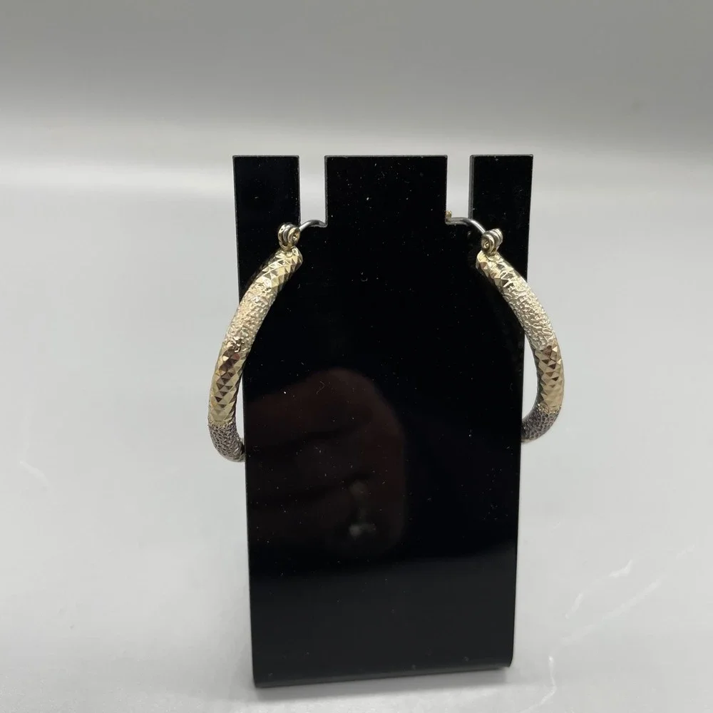 Tri-Color Diamond Cut Textured Hoop Earrings Gold Silver Rose Tone 1.5